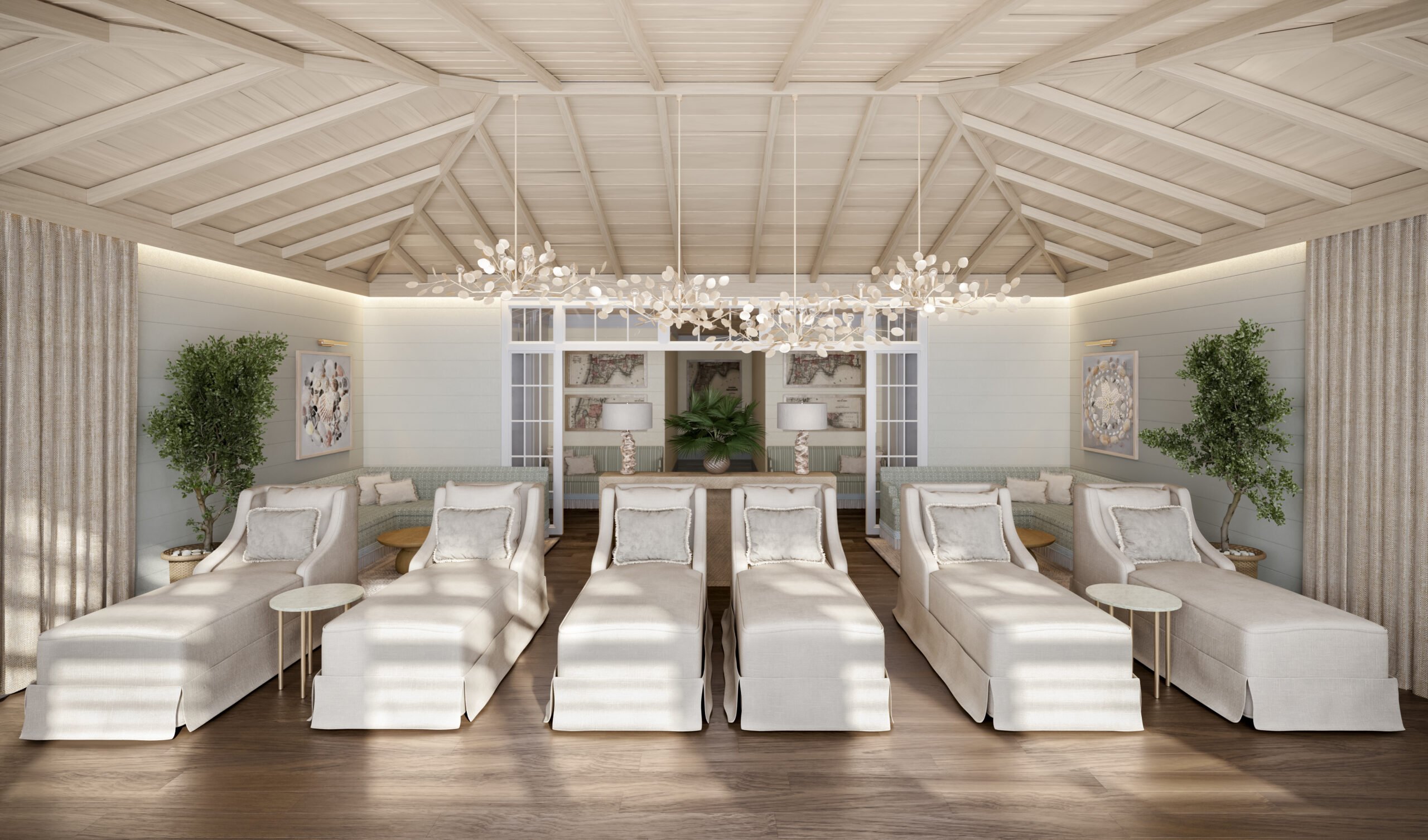 Spa relaxation lounge with white chairs at South Seas