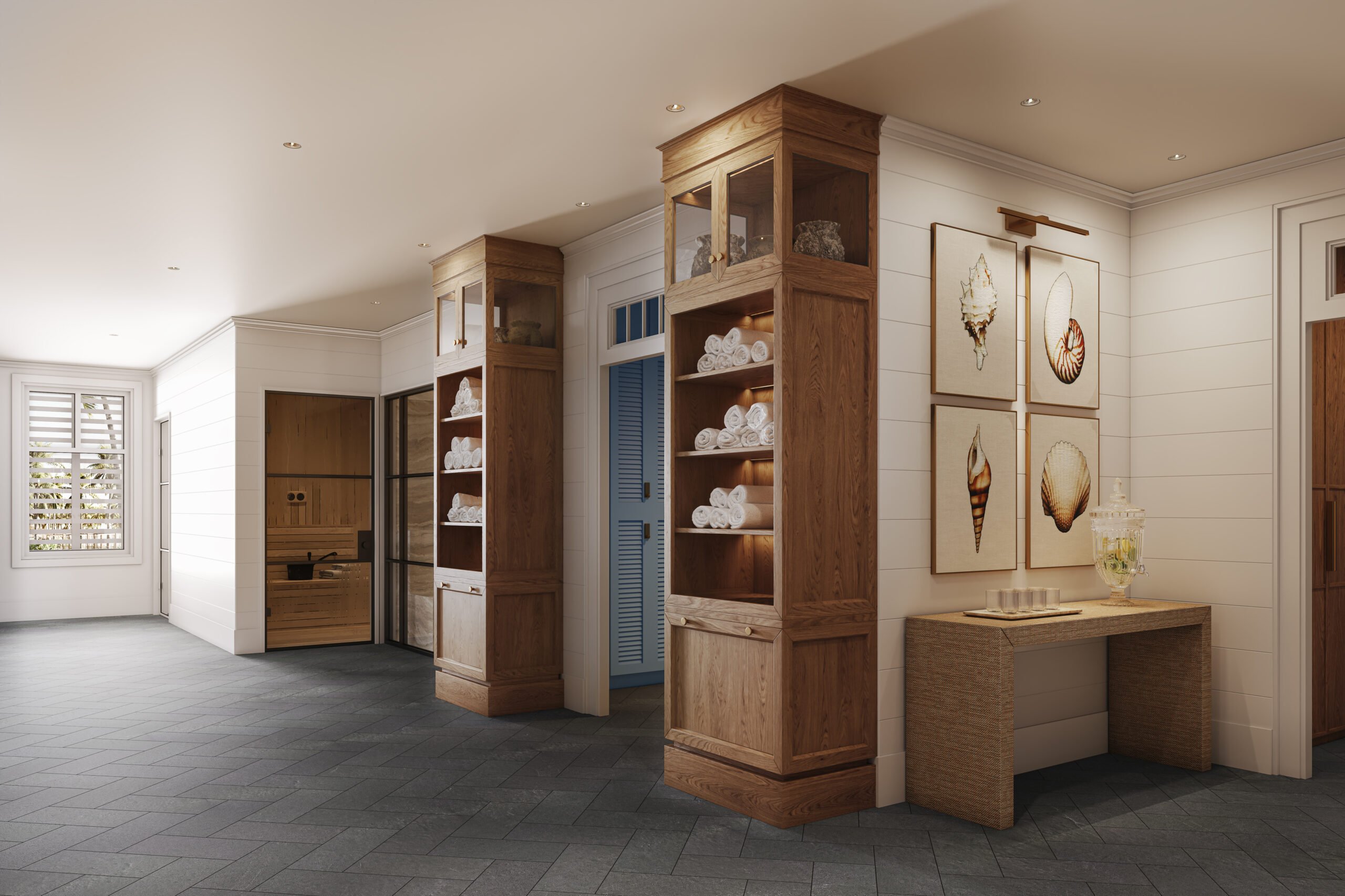 Cozy spa lobby with warm wood details and coastal decor