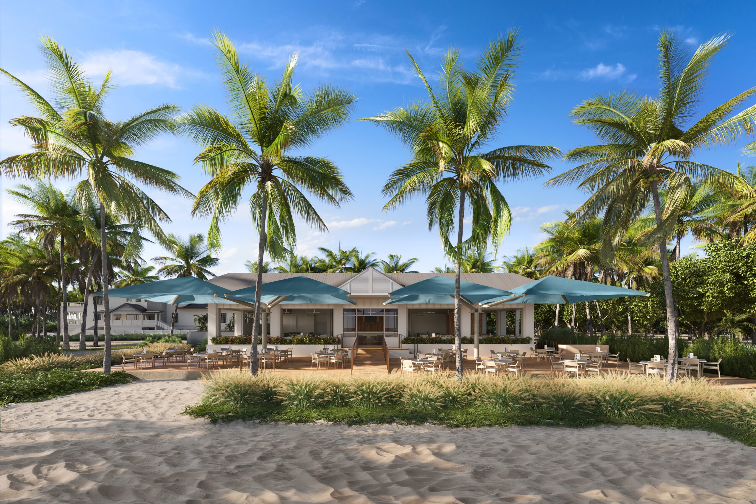 Beachside dining spot with palm trees and umbrellas