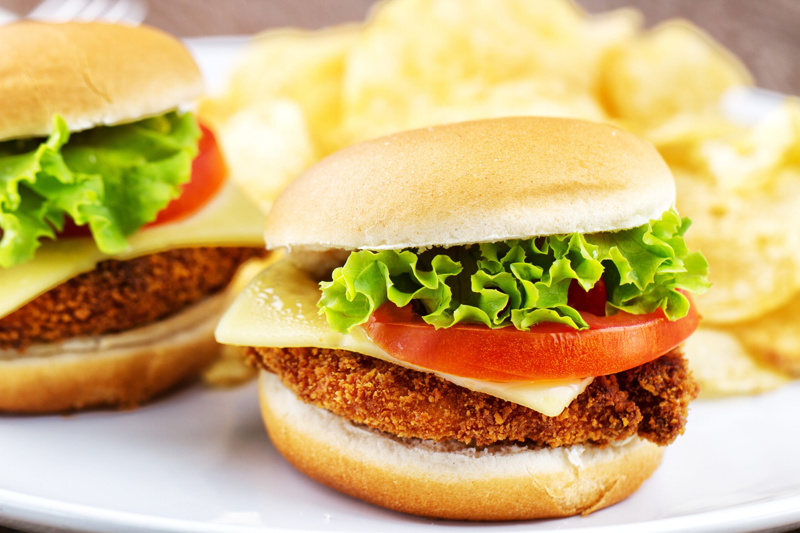 Close up of crispy chicken sandwiches with cheese and lettuce